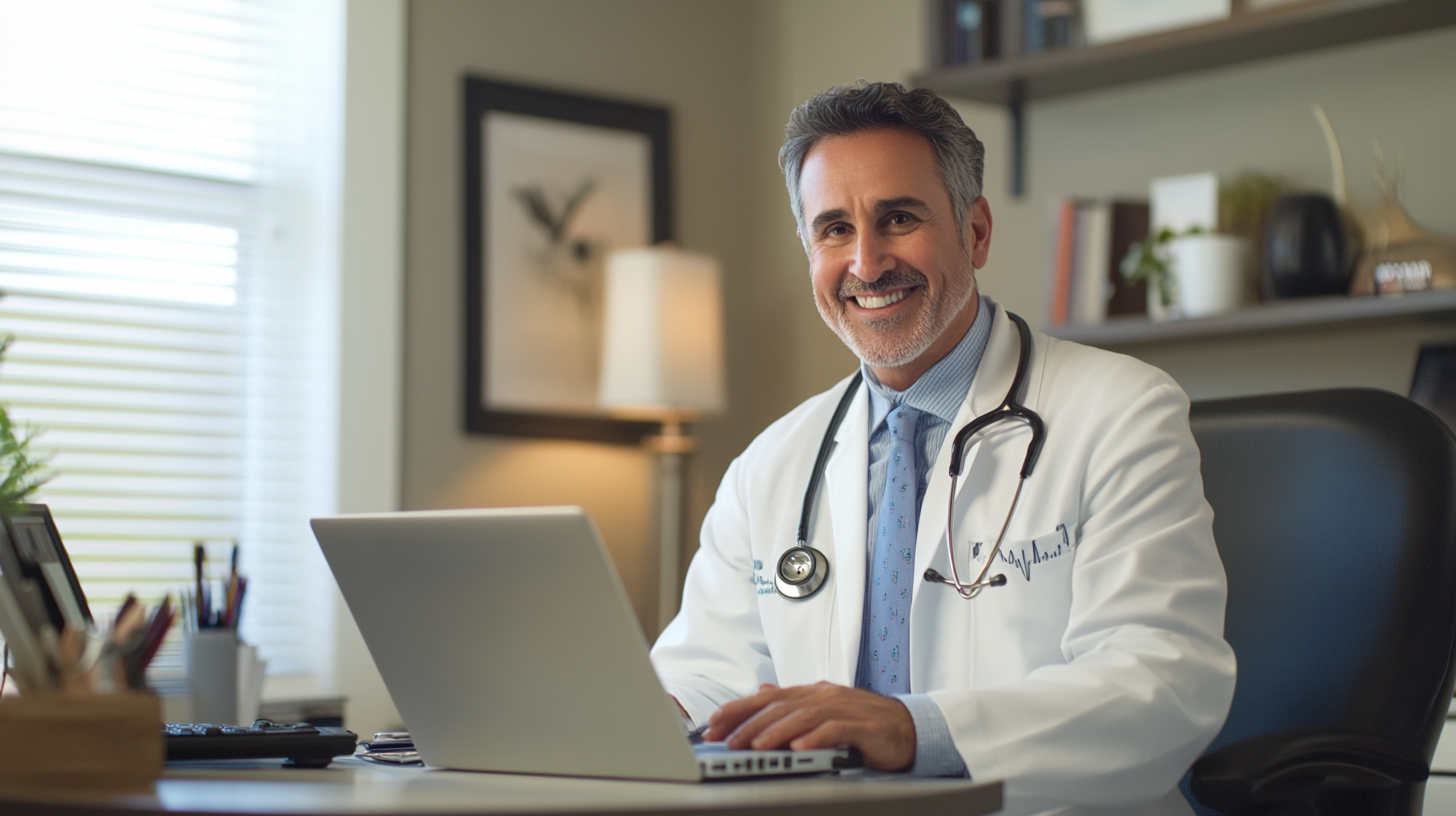 Male doctor smiling at laptop during virtual weight loss consultation in telehealth office