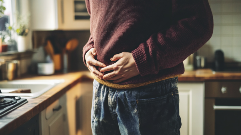 Man standing in kitchen with hands on stomach showing mild nausea or bloating