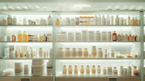 Glass-fronted cabinet fully stocked with bottles and containers of weight loss medications in a clinical setting.