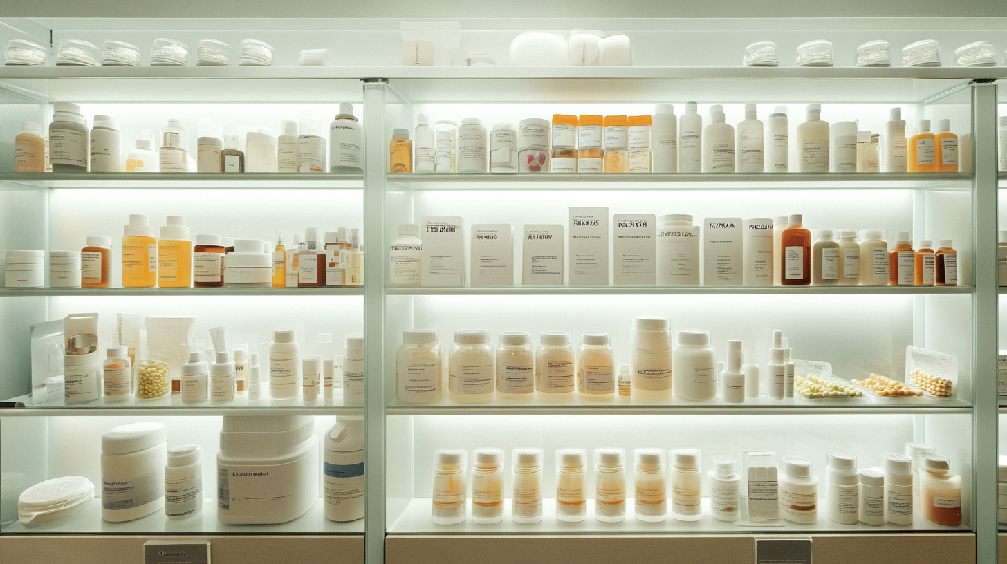 Glass-fronted cabinet fully stocked with bottles and containers of weight loss medications in a clinical setting.