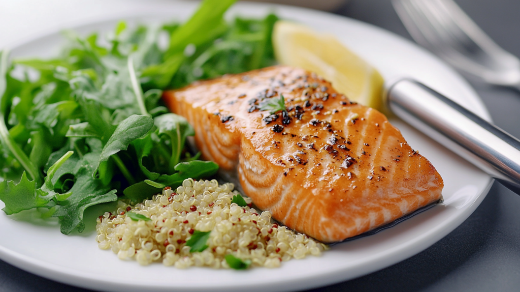 Plate of grilled salmon with quinoa and leafy greens, nutrient-dense meal for semaglutide users