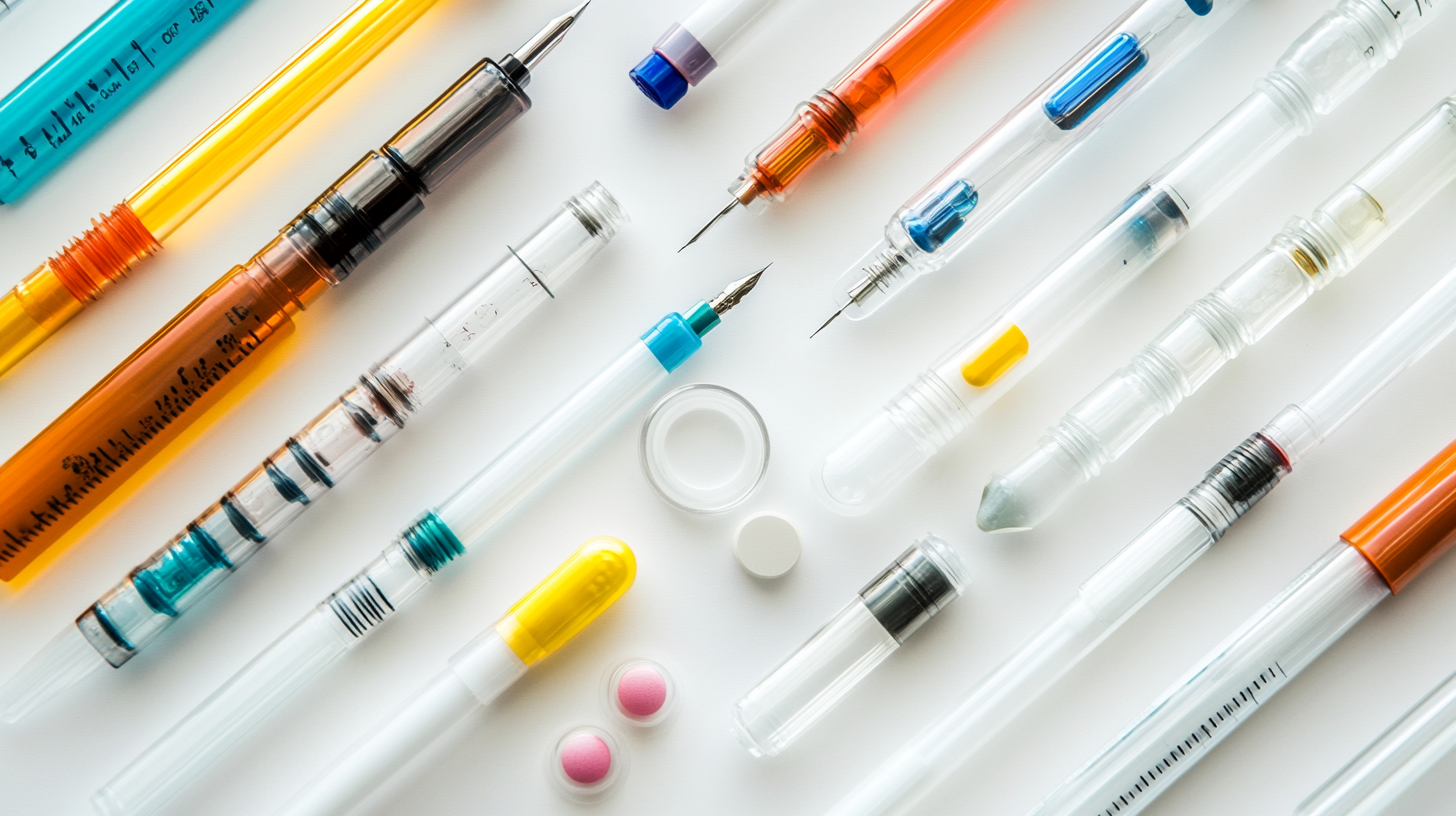 Flat lay of various GLP-1 injection pens and pills on a white background.