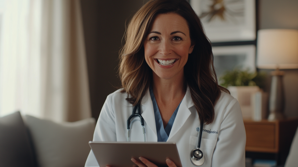 Confident female doctor smiling during a virtual consultation, holding a tablet and wearing a stethoscope in a home office environment.
