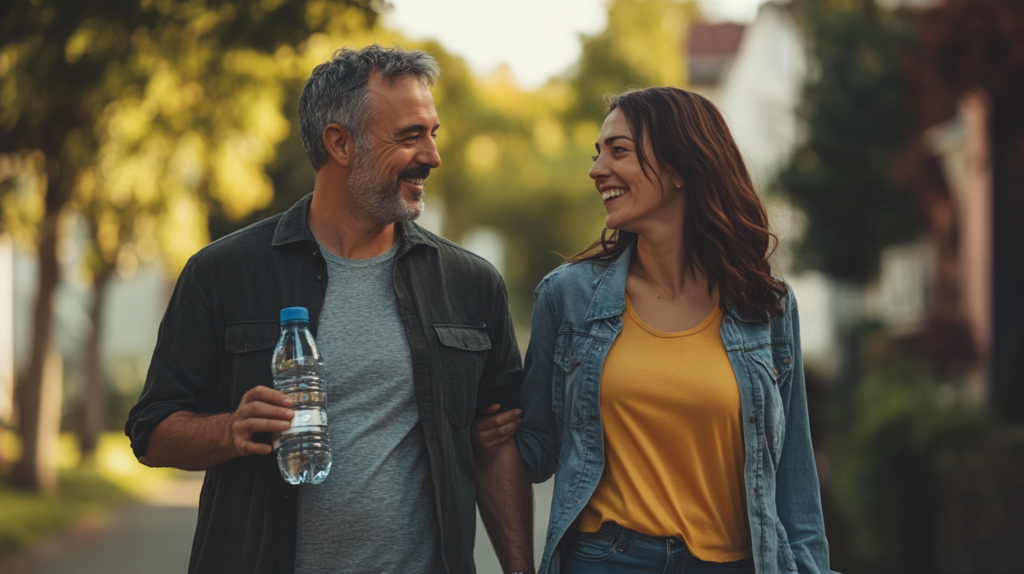 Smiling couple walking outdoors arm in arm, holding a water bottle after light exercise