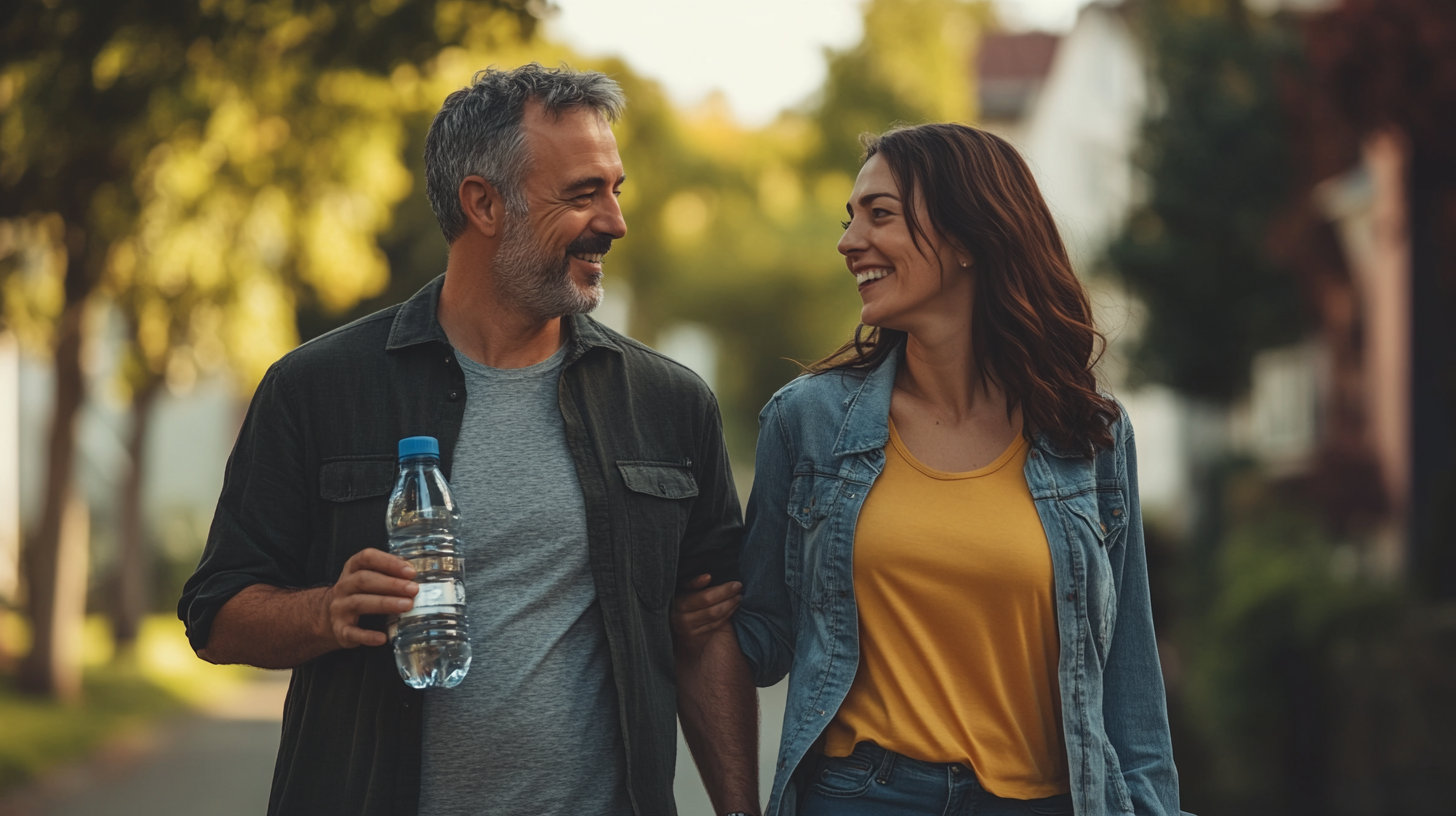 Smiling couple walking outdoors arm in arm, holding a water bottle after light exercise