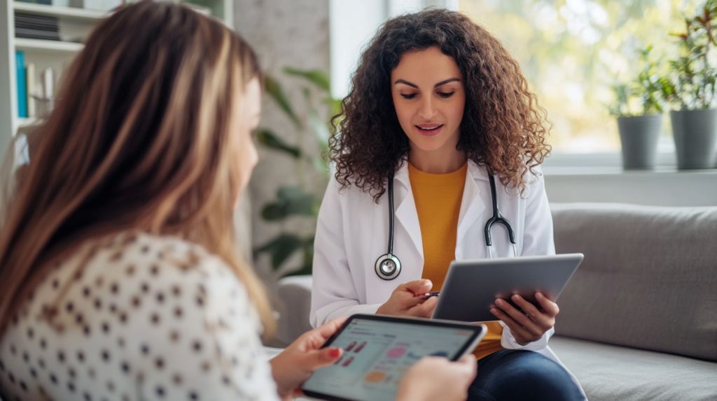 Female healthcare provider explaining GLP-1 medication details to a patient using a digital tablet.