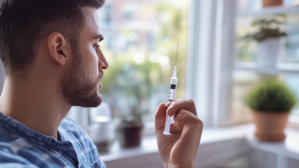 Young man looking thoughtfully at a GLP-1 injection pen in a bright home setting.