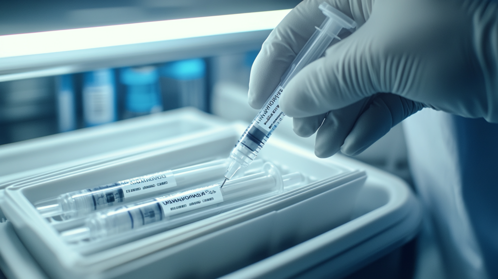 Gloved hand selecting a GLP-1 medication syringe from a tray in a laboratory.