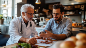 Older doctor consulting with a male patient about weight loss options in a relaxed setting.