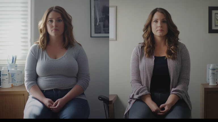 Woman showing before and after weight loss results while seated in medical office