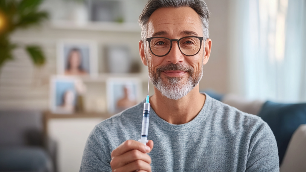 Smiling older man holding a GLP-1 injection pen at home, preparing for treatment.