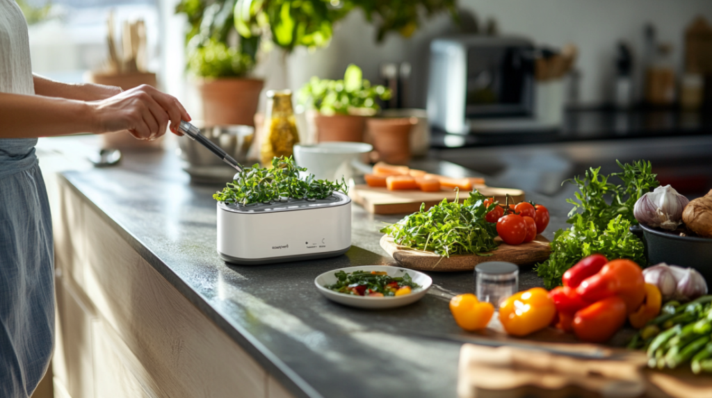 Person using scissors to trim herbs in a modern kitchen with fresh vegetables on the counter.