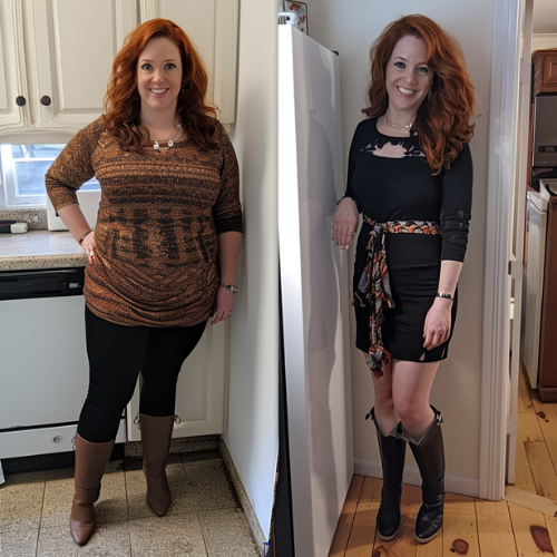 Before-and-after photo of a red-haired woman showing significant weight loss transformation at home.