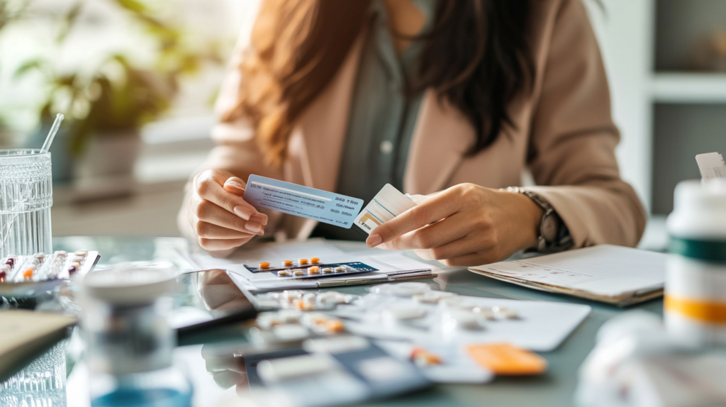 Woman using a pharmacy savings card while sorting medications and credit cards on her desk.