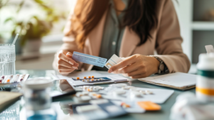 Woman using a pharmacy savings card while sorting medications and credit cards on her desk.